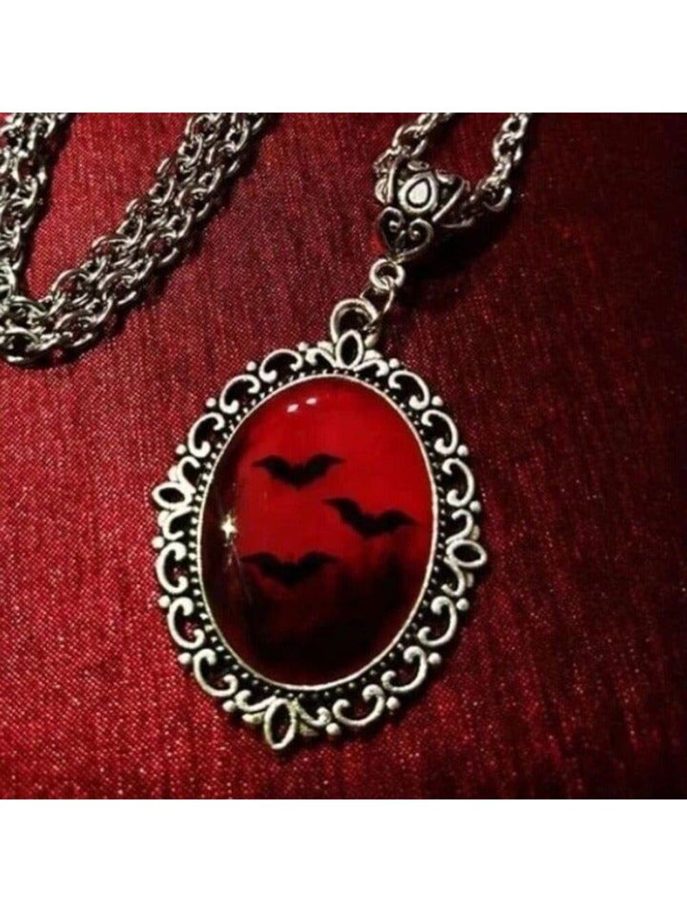 Goth Vampire Black Ravens Bats Red Sky Glass Cabochon Silver Pendant Necklace